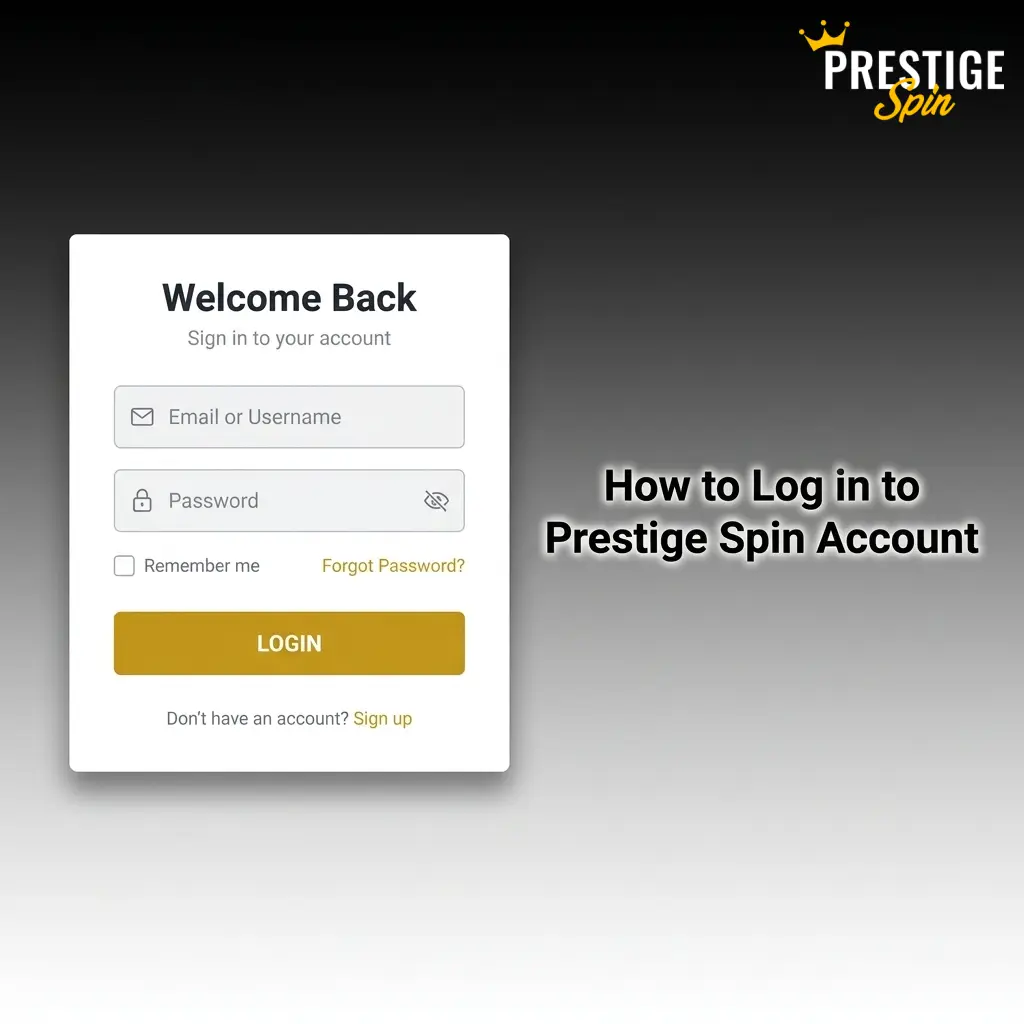 Prestige Spin login page showing the sign-in form with email and password fields on the casino website