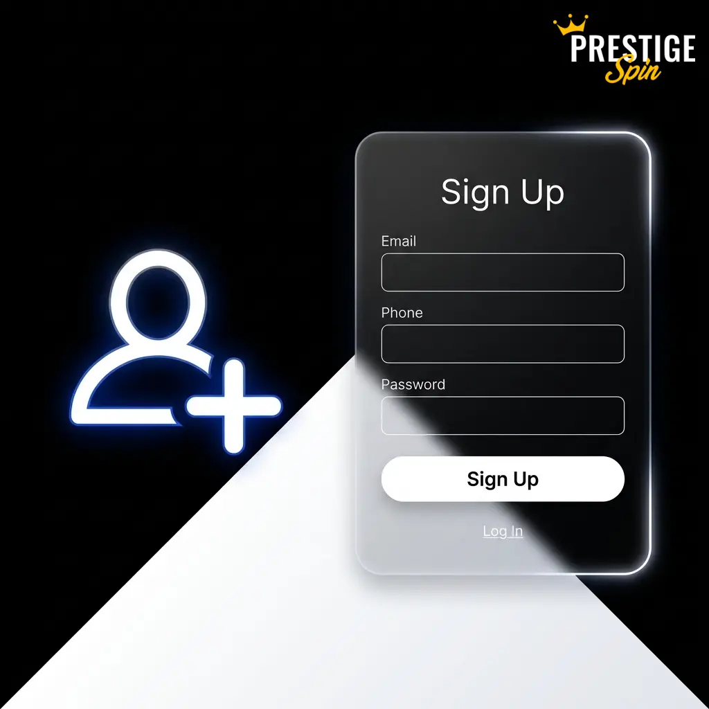 Prestige Spin registration form for UK players showing sign-up steps including email, password, and GBP currency selection