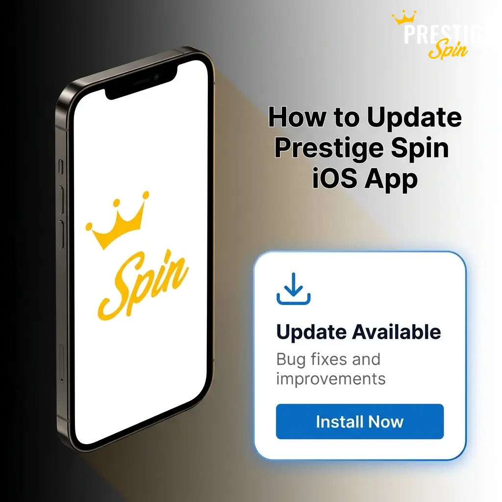 Prestige Spin iOS app update guide showing steps to download, install and relaunch the latest version on iPhone or iPad