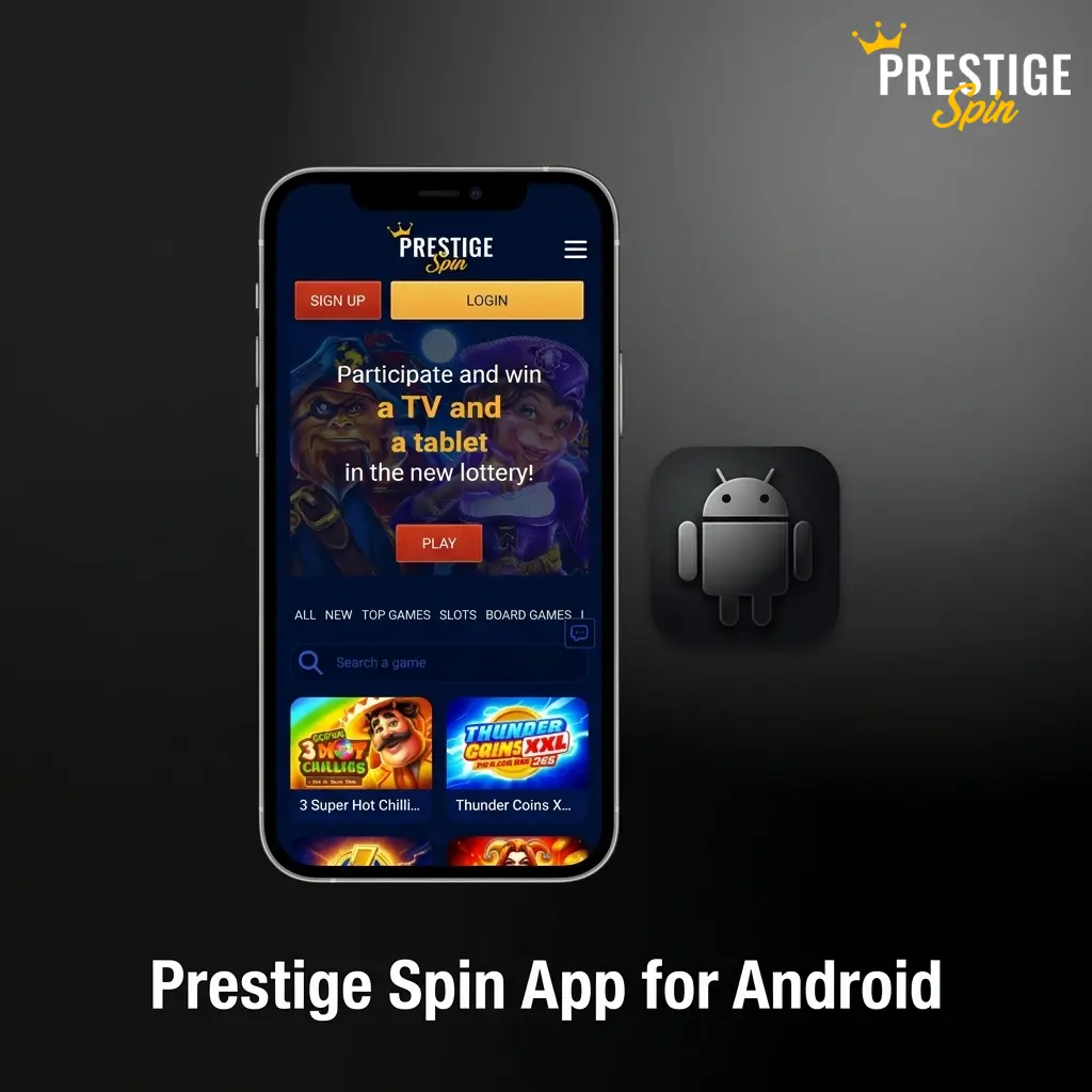 Prestige Spin Android app APK download page showing system requirements and compatible UK smartphone models
