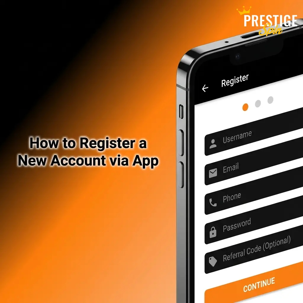Prestige Spin app registration screen showing step-by-step account sign-up process using phone, email, or social media